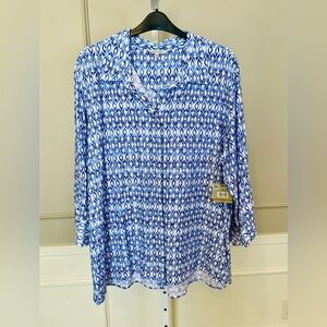 John Mark NWT 0XL button Down Blouse Shirt Ikat Blue White Diamond Del Mar $109